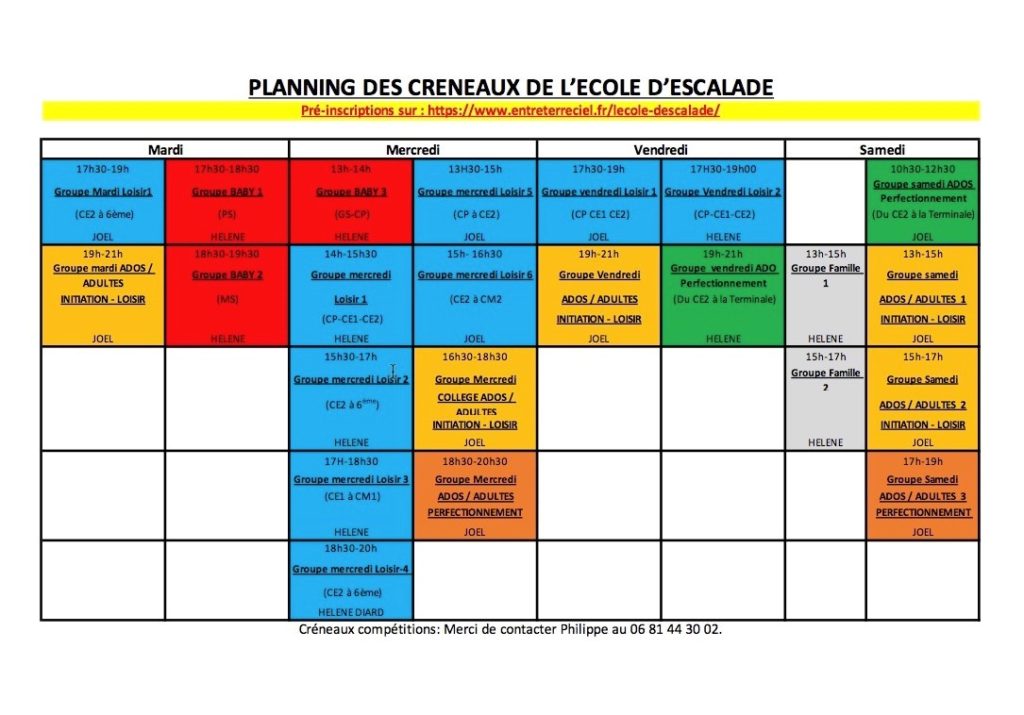 Planning prévisionnel Ecole Escalade ETC 2022